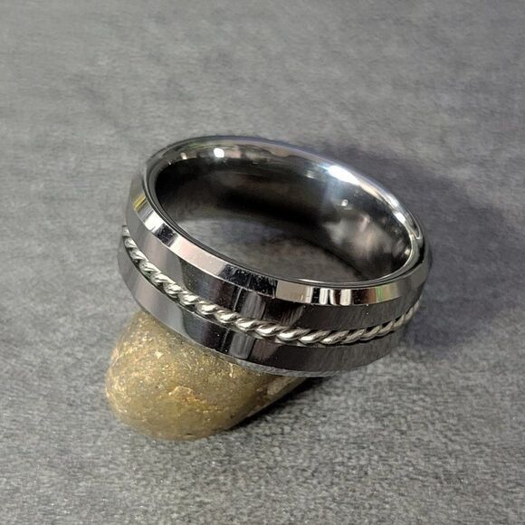 Engraved Men's Real Silver Tungsten Wedding Ring Twisted Wire Cable Inlay - Picture 3 of 7